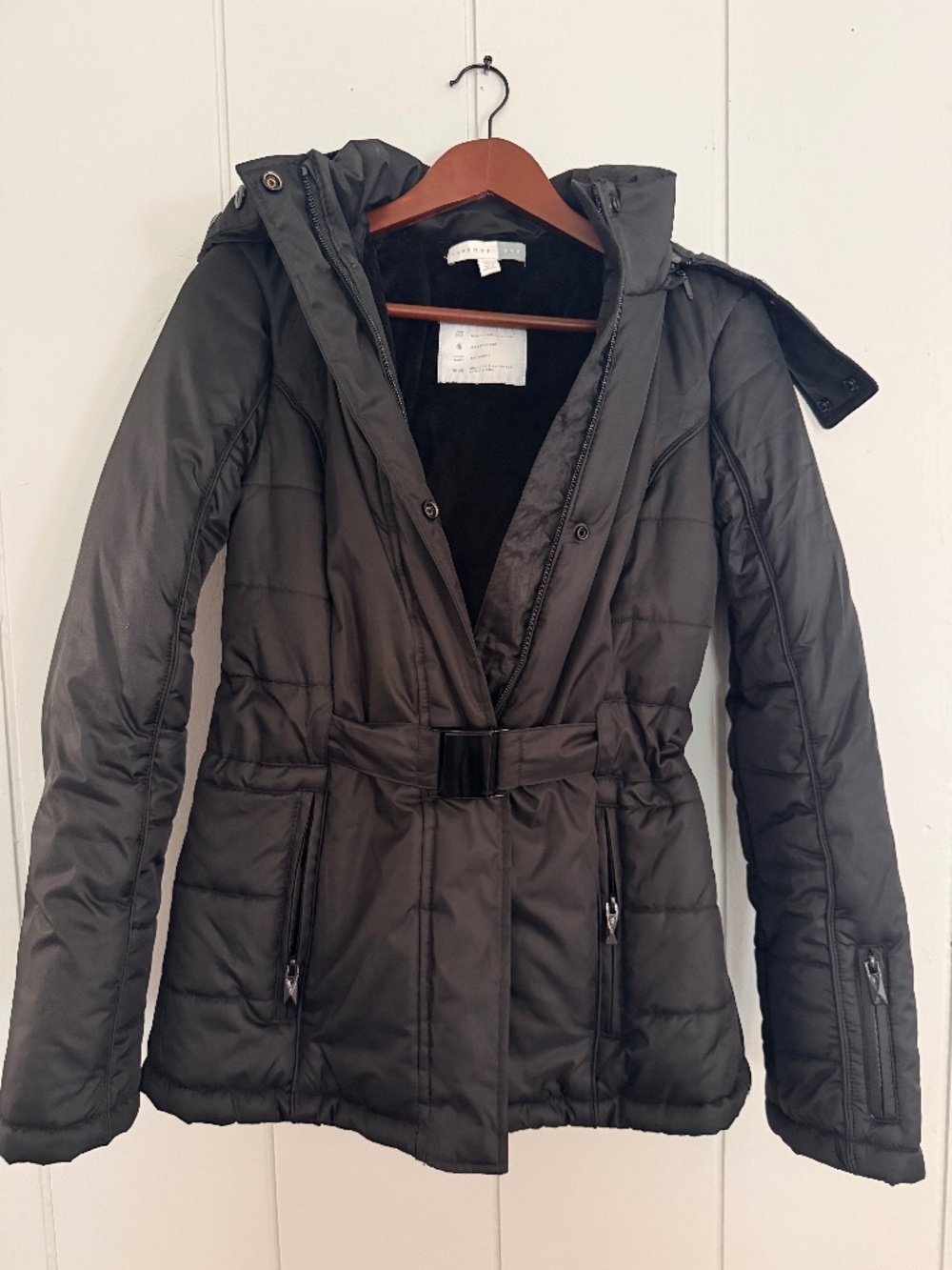Topshop SNO Ski Jacket US 6 Black Waterproof Faux Fur Hood Belted Coa